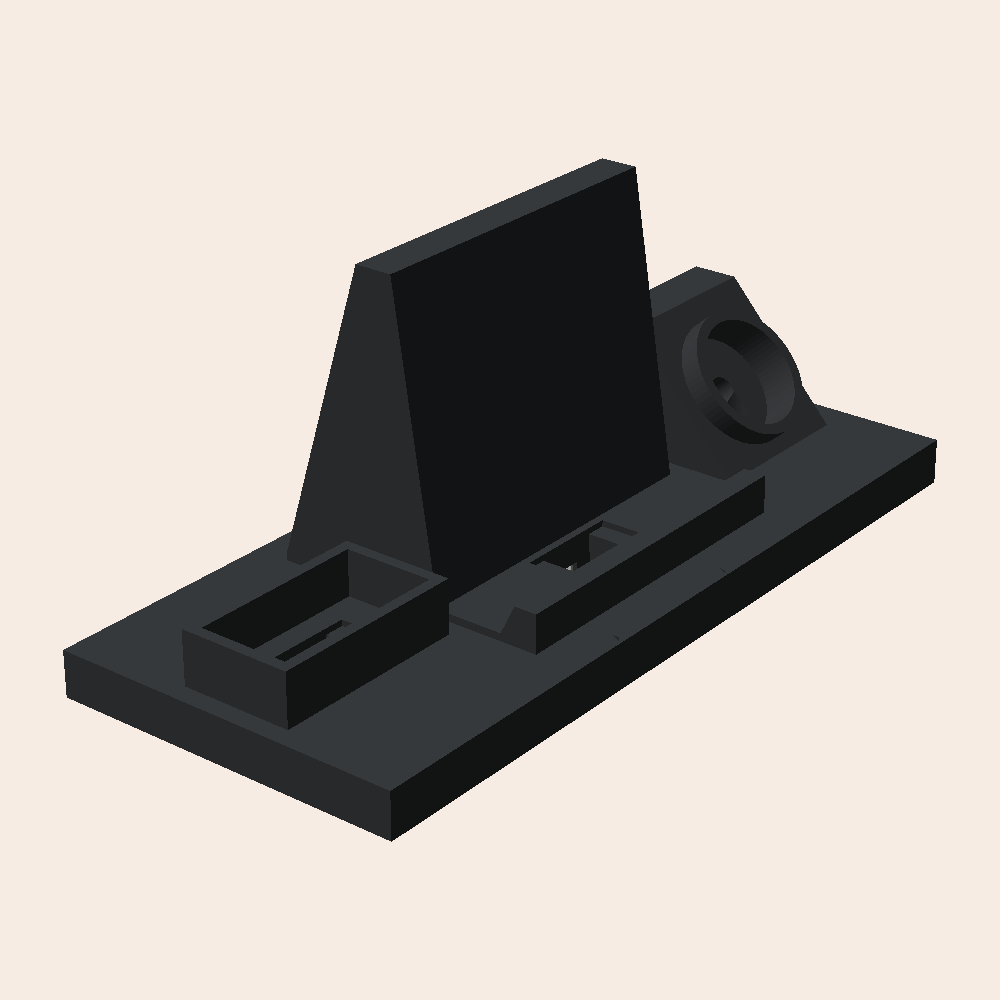 Suporte de mesa com apoio para celular, berço de relógio e nicho de fones